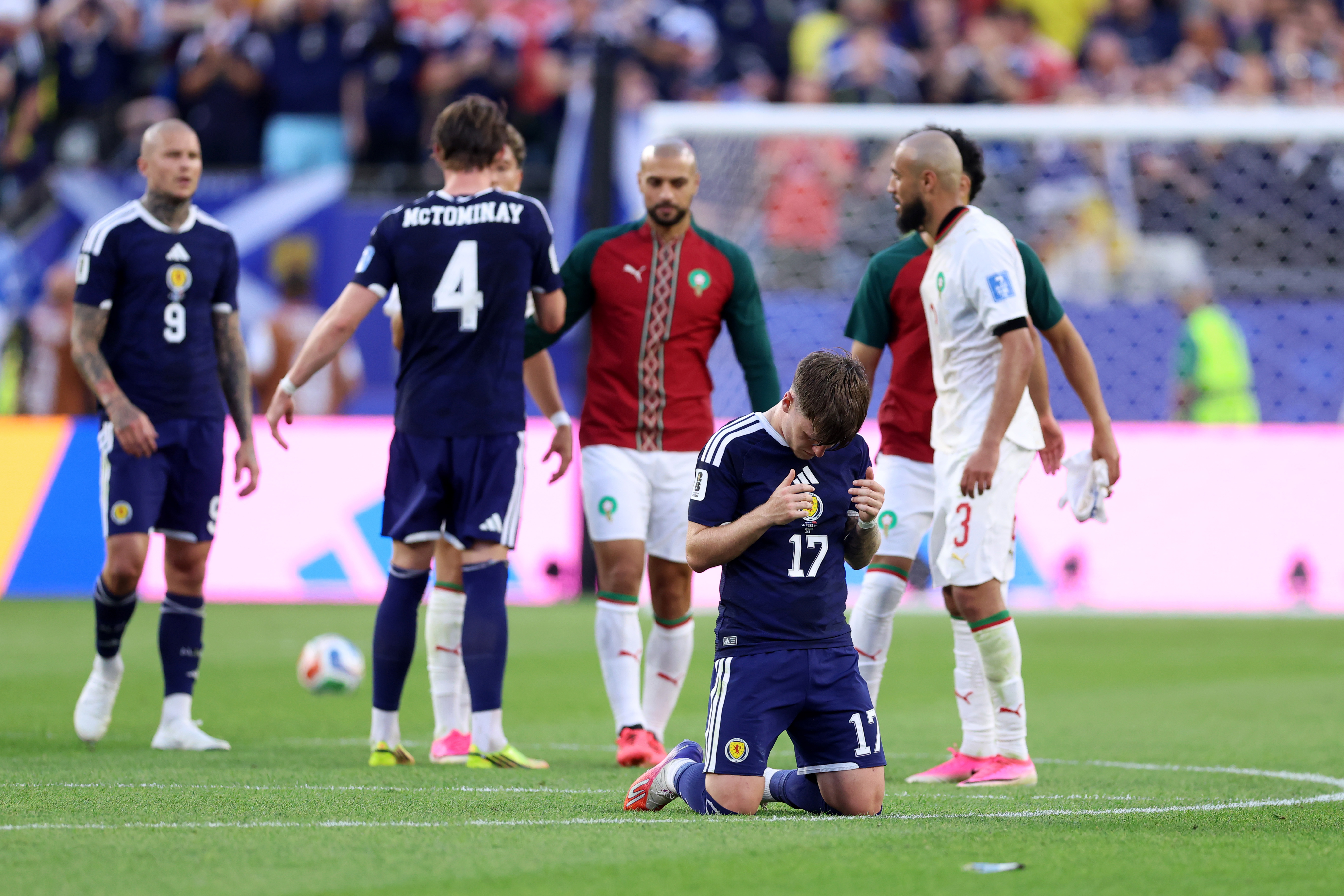 Ben Gannon-Doak of Scotland takes a moment after the FIFA World Cup 2026 Group C match between Scotland and Morocco at Boston Stadium on June 19, 2026 in Boston, Massachusetts