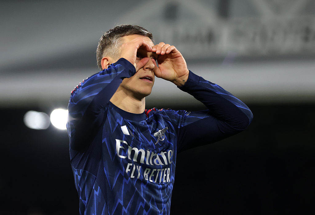 Leandro Trossard of Arsenal celebrates scoring his team's first goal during the Premier League match between Fulham and Arsenal at Craven Cottage on October 18, 2025 in London, England.