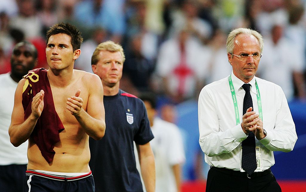 Frank Lampard of England and Manager Sven Goran Eriksson applaud the fans following defeat in the FIFA World Cup Germany 2006 Quarter-final