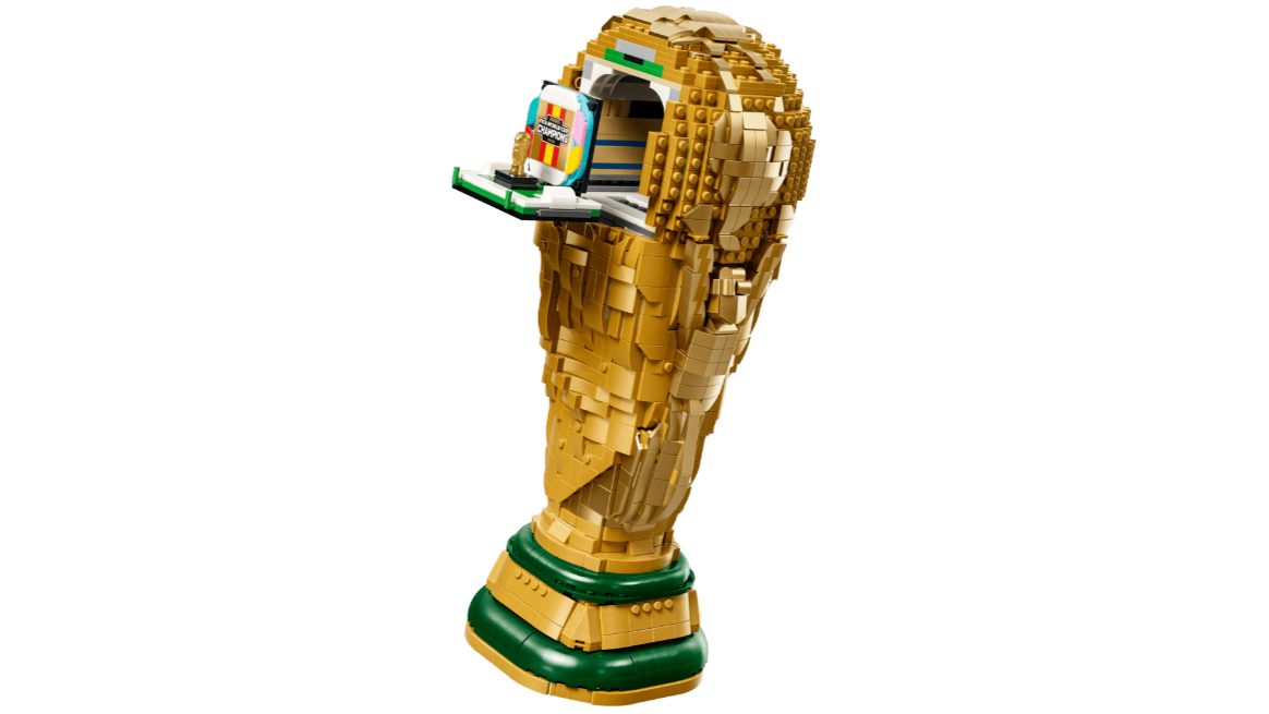 The official Lego edition of the FIFA World Cup and a mini version of the trophy and winners podium